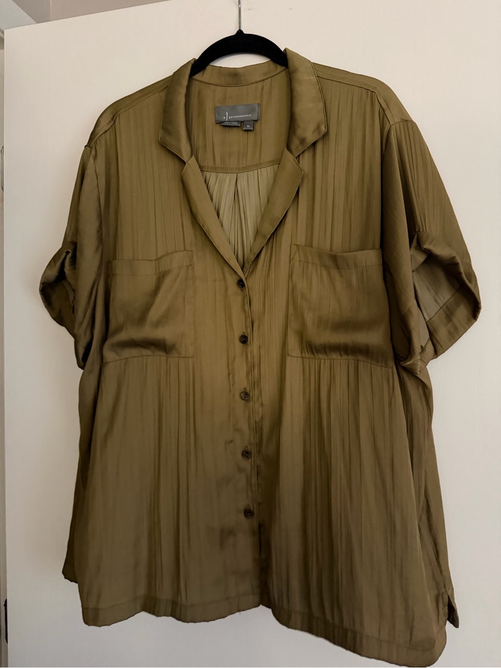 Anthropologie Olive Green Pleated Button Up Satin Blouse Size XL